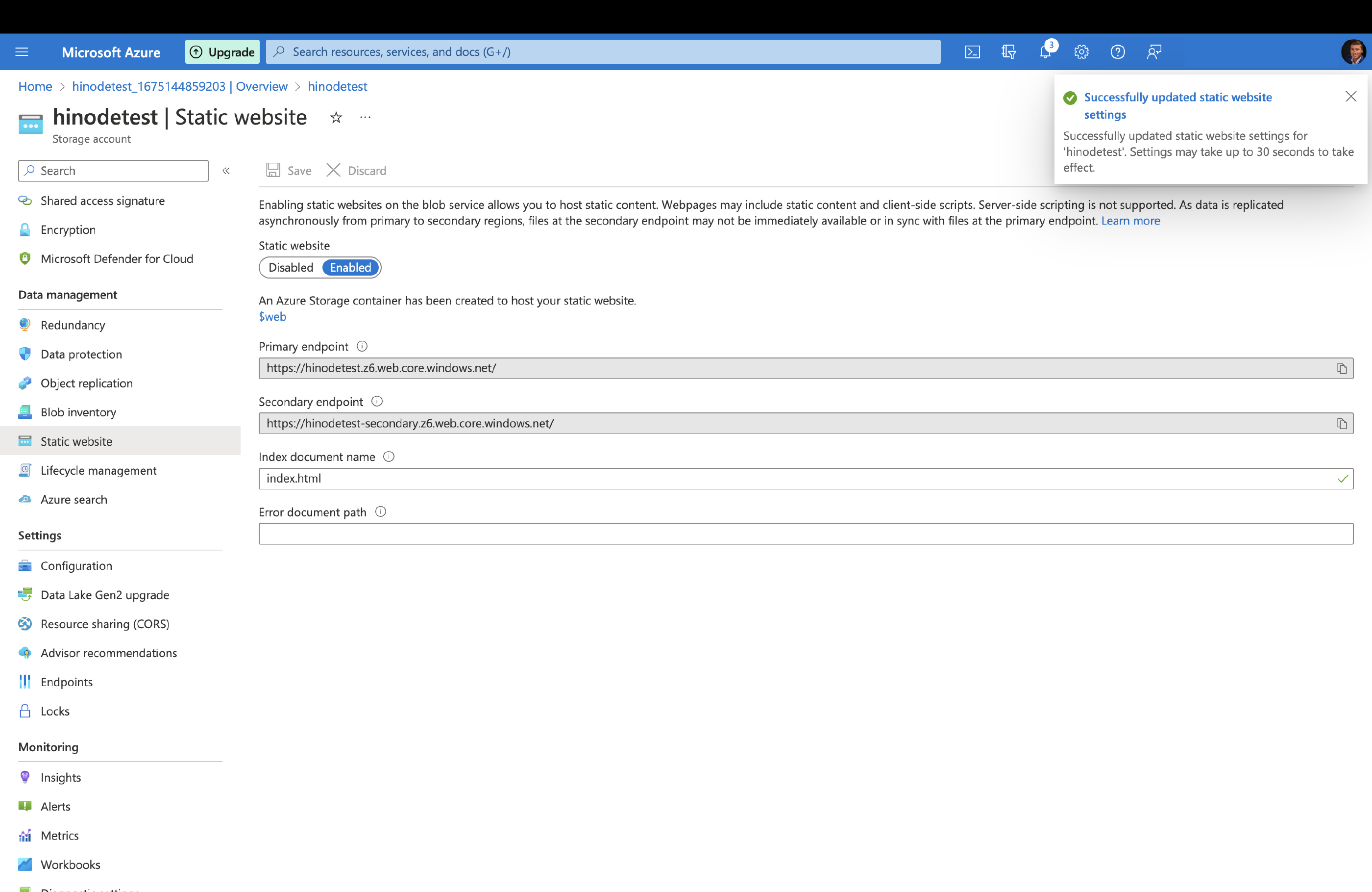 Step 2. Enable the static website